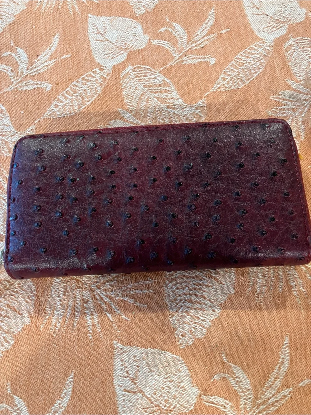 Burgundy leather Ostrich-Textured Zip Wallet